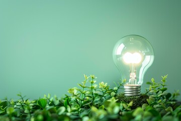 Poster - Single illuminated lightbulb stands amid lush green leaves, symbolizing sustainable energy solutions