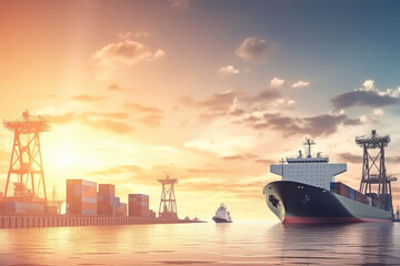 Wall Mural - Cargo Ship at Sunset in Busy Port