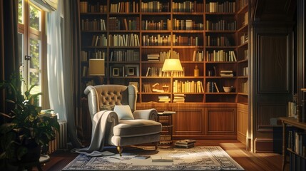 Poster - Cozy reading nook with a comfortable chair and bookshelves.