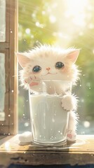 Poster - A white cat sitting in a glass of milk