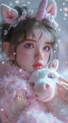 Poster - A little girl with a unicorn costume holding a stuffed animal