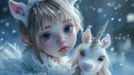 Wall Mural - A little girl holding a stuffed unicorn in the snow