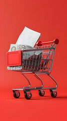 A visually appealing shopping trolley and receipt icon with copy space for retail presentations   ideal for highlighting hypermarket themes and sales processes in Photo Stock Conce