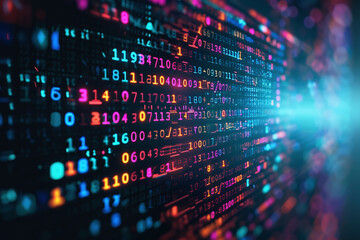 Digital background featuring glowing binary code, representing data technology and software development digital innovation