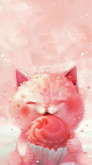 Wall Mural - A painting of a cat eating a cupcake