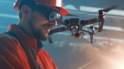 Engineer using drone technology for highaltitude inspection of electric railway components, ensuring safety and accuracy, detailed realism