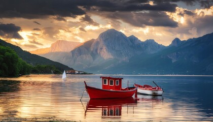 Two wooden boats gently floating on a calm lake at sunset, reflecting a stunning mountain landscape under a colorful sky. Perfect for a peaceful summer vacation in europe, like greece