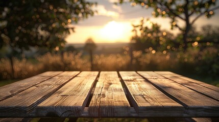 Wall Mural - Golden Sunset Over Wooden Picnic Table in Tranquil Nature Setting