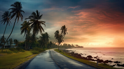 Poster - Coastal Road at Sunset with Palm Trees