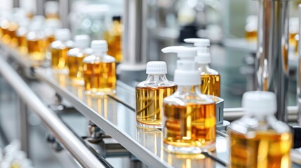 Wall Mural - A row of bottles of perfume are lined up on a conveyor belt