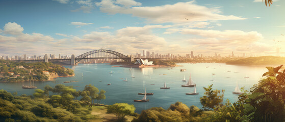 Poster - Stunning City Harbor with Iconic Bridge and Skyline