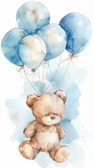 Cute teddy bear flying with blue balloons watercolor illustration