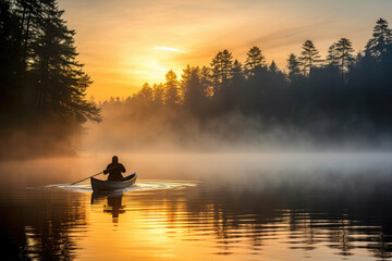 Wall Mural - Solitary Canoeist Paddling at Sunrise on Misty Lake