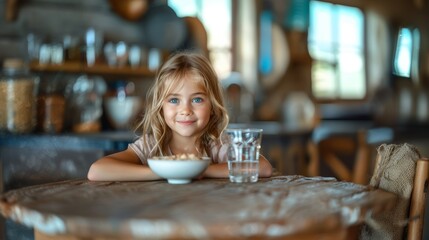 Adorable Little Blonde Girl Sitting At Table With Bowl Of Cereal And Glass Of Water In Rustic Kitchen