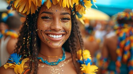 Wall Mural - Vibrant Brazilian Carnival Celebration With Smiling Woman In Colorful Costume And Glitter