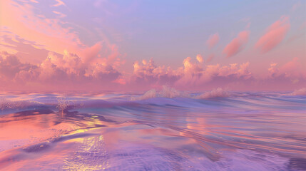 Wall Mural - A beautiful beach scene with a pink and purple sky. The water is calm and the sun is setting