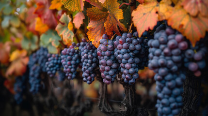 Wall Mural - Close-Up of Red Grapes in Autumn Vineyard with Colorful Leaves