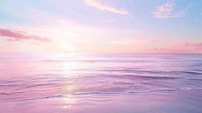 A beautiful beach scene with a pink and purple sky. The water is calm and the sun is setting