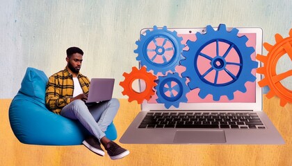 Wall Mural - Composite photo collage of serious businessman type macbook device sit beanbag gearwheel settings it isolated on painted background