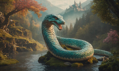 Fairytale world. Snake in the water