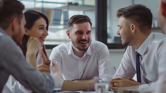Group of happy people in business attire engaged in a conversation in their office They are discussing and sharing ideas for their project showing teamwork and cooperation : Generative AI