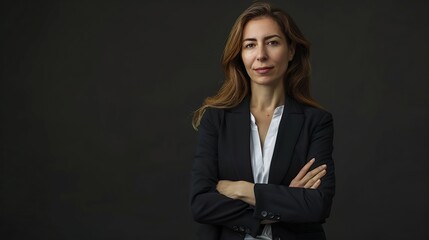 Portrait woman and confident as lawyer in studio on dark background for career growth or opportunity Mockup female person and committed with law firm company and startup business as le : Generative AI