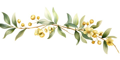 Sticker - Watercolor mistletoe with gold accents on white background for festive stationery. Concept Holiday Illustration, Watercolor Art, Festive Stationery, Mistletoe Design, Gold Accents
