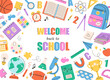 © Amahce - Back to school greeting card with school supplies. Vector illustration in flat style