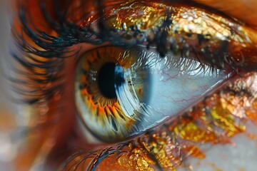 Poster - Macro photo highlighting a detailed human eye with vibrant, metallic eyeshadow