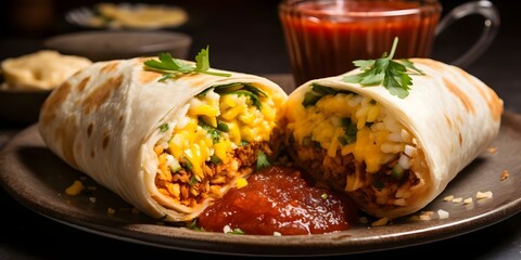 Canvas Print - Satisfying Breakfast Burrito with Rice, Cheese, Salsa, Egg, and Crispy Potatoes. Concept Food Photography, Breakfast Ideas, Delicious Burrito Recipe, Comfort Food, Mexican Cuisine