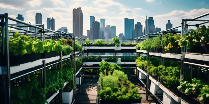 Urban farming networks incorporate rooftop vertical farms for fresh local produce. Concept Urban Farming, Rooftop Gardens, Vertical Farms, Local Produce, Sustainable Agriculture