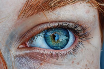 Poster - Macro shot focusing on the stunning patterns of a bright blue eye with visible eyelashes