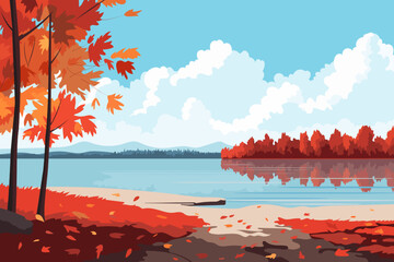 Canvas Print - Autumn landscape on the bank of a beautiful river. Autumn trees against the backdrop of a pond. Beautiful cloudy sky. Colorful trees and shrubs with deciduous leaves. Autumn season vector illustration