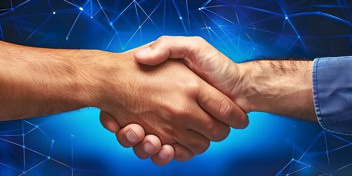 Handshake between two hands over blue wireframe symbolizes technology agreements in business. Concept Technology agreements, Handshake symbolism, Business partnerships, Blue wireframe