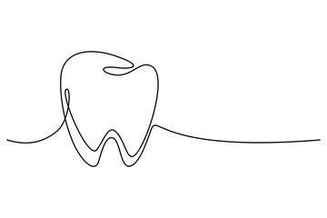 Tooth continuous one line icon drawing on white background. Health care medicine symbol vector illustration in doodle style. Tooth contour linear sign design