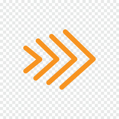 Wall Mural - Orange vector chevron arrows pointing right, four arrows in row. road sign for turn. Stock Vector illustration isolated on transparent background. Vector illustration. Eps file 140.