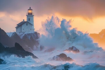 Wall Mural - A lighthouse on the rocky coastline of South tote oregon, waves crashing against rock and blowing in face, photo taken from beach at sunset,