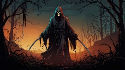 Sticker - Grim reaper, scary and horror shot death illustration. Generative AI
