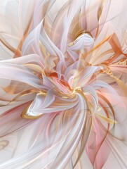 Wall Mural - A mesmerizing abstract digital artwork featuring flowing, translucent, and intertwined ribbons in pastel shades of pink, white, and gold, creating a dynamic, ethereal effect.