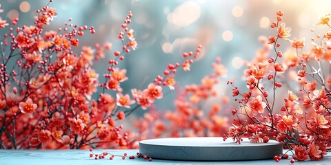 Wall Mural - A serene spring background featuring a round wooden podium adorned with delicate red flowers set against a soft-focus backdrop of blossoms and a gentle bokeh effect.