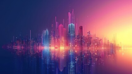 Wall Mural - A cityscape with a bright blue sky and a cityscape with a bright blue sky. The cityscape is lit up with neon lights and the sky is filled with stars