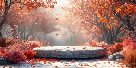 a serene autumn forest scene with a stone podium adorned with fallen leaves, bathed in warm sunlight