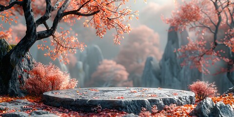 A serene autumn landscape with a stone platform, ideal for product display, set against a backdrop of misty mountains and vibrant red-leaved trees.