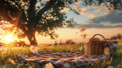 Wall Mural - A picnic basket with a blanket and snacks on grass at sunset, in a countryside landscape. A summer nature scene with trees, flowers, and a golden hour sky.  