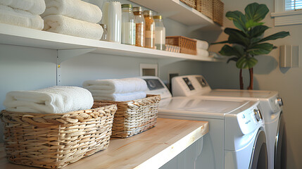 organized laundry with shelves and baskets in a modern house