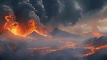 Canvas Print - The crater is erupting, smoke, lava, Apocalyptic volcanic landscape with hot flowing lava and smoke and ash clouds.