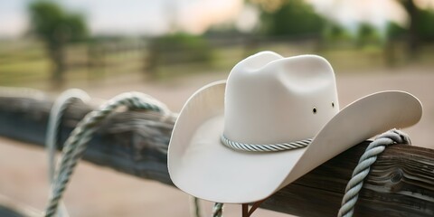 Western Scene Cowboy Hat and Lasso on a Wooden Ranch Fence. Concept Western Scene, Cowboy Hat, Lasso, Wooden Ranch Fence