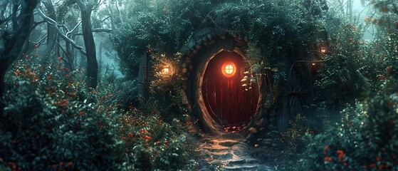 A red door is in the middle of a fantasy forest