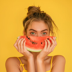 A woman holds a slice of watermelon in front of her face, making a playful expression. A happy young girl eating a large slice of watermelon in summer. Summer vacation concept.