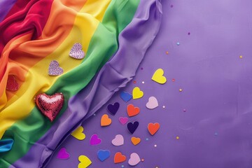 Wall Mural - A rainbow flag and pride hearts on a purple background with copy space for text,